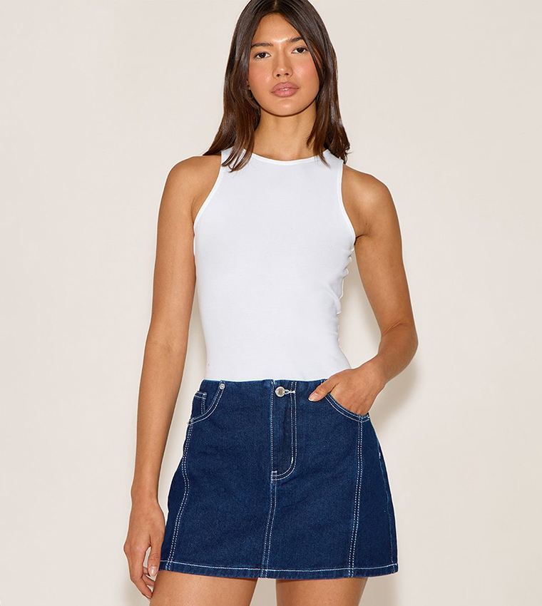 Contrast Stitch No Waistband Denim Mini Skirt