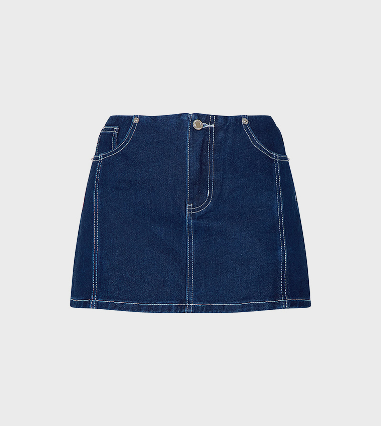 Contrast Stitch No Waistband Denim Mini Skirt