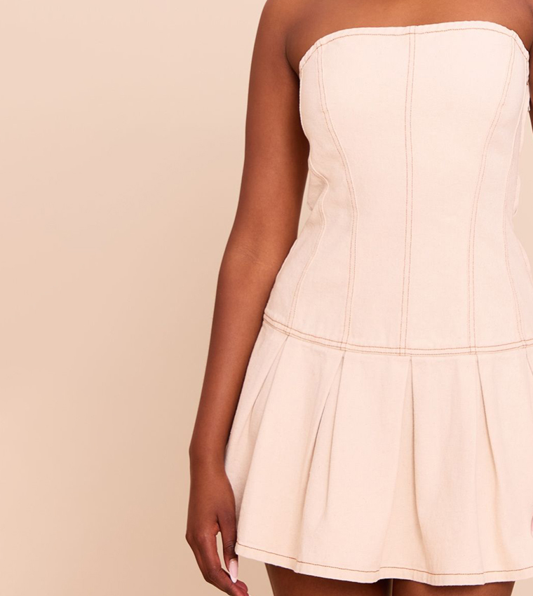 Linen Look Denim Seam Detail Pleated Mini Dress