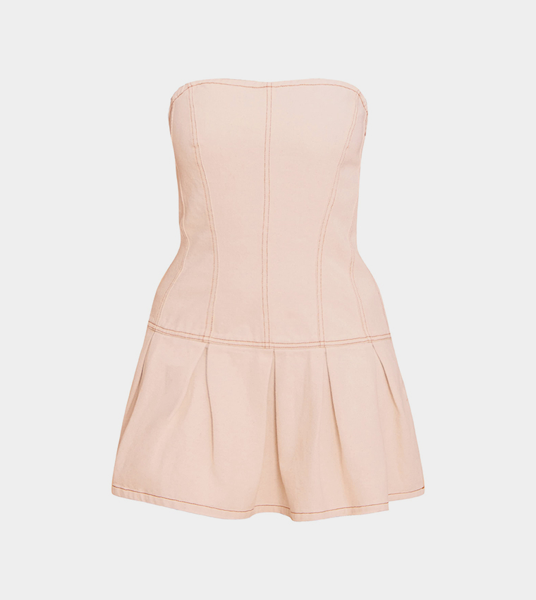Linen Look Denim Seam Detail Pleated Mini Dress
