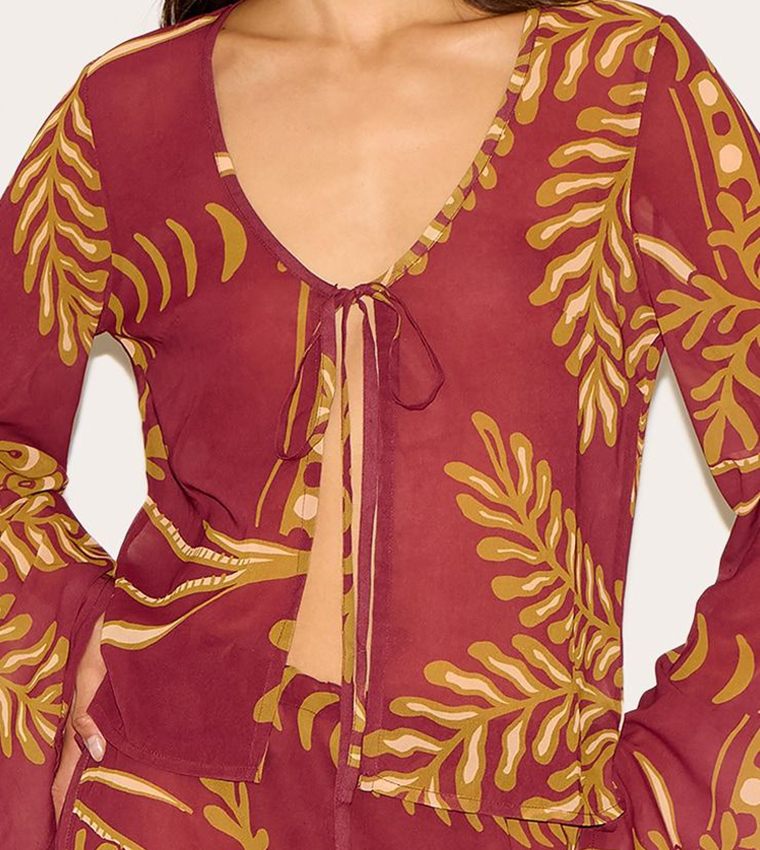 Sheer Floral Pint Long Sleeves Tie Front Top