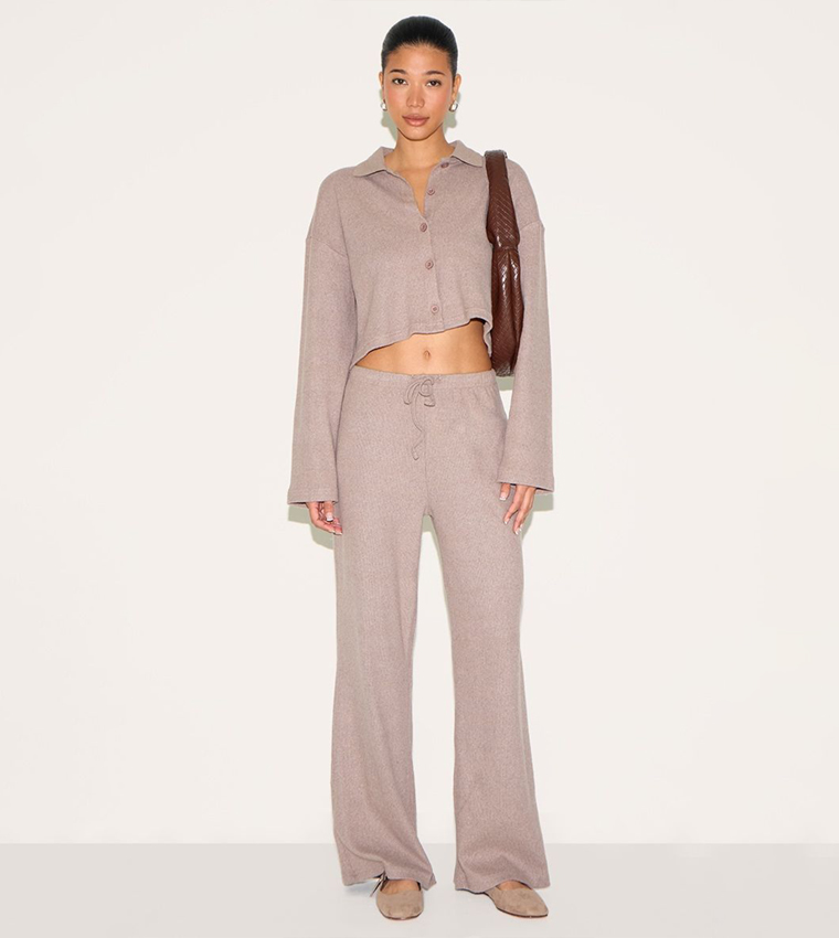 Ribbed Drawstring Waist Wide Leg Trousers