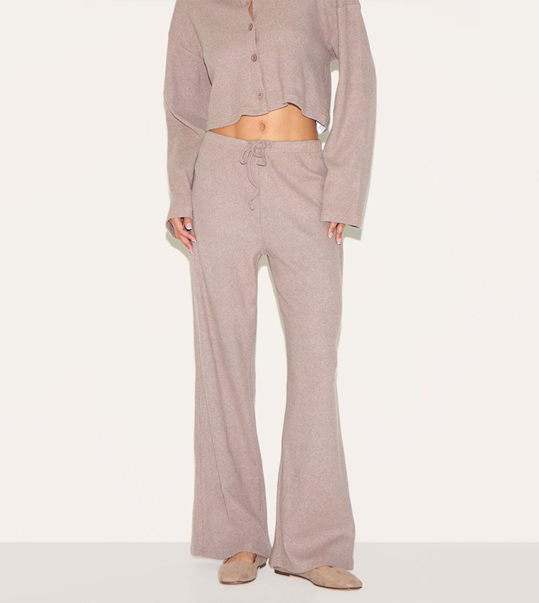 Ribbed Drawstring Waist Wide Leg Trousers