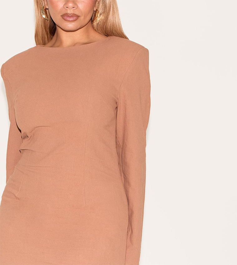 Shape Linen Look Boat Neck Shoulder Pad Mini Dress