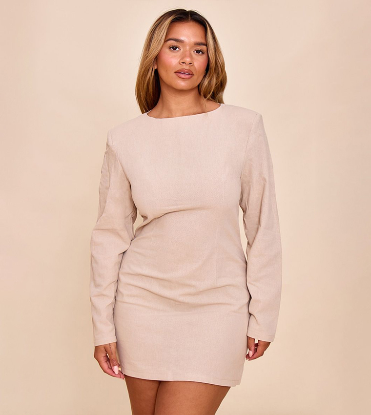 Shape Linen Boat Neck Shoulder Pad Mini Dress