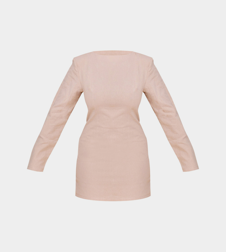 Shape Linen Boat Neck Shoulder Pad Mini Dress
