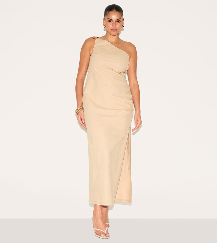 Buy PrettyLittleThing Curve Linen Asymmetric Neckline Maxi Dress In Beige |  6thStreet Qatar