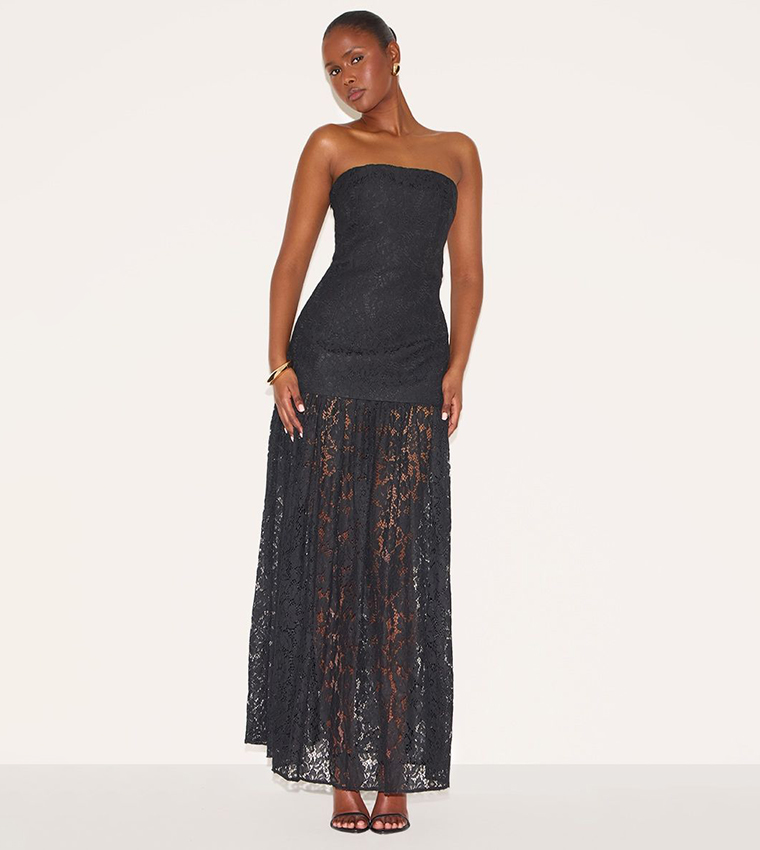 Lace Sheer Skirt Panel Strapless Midaxi Dress