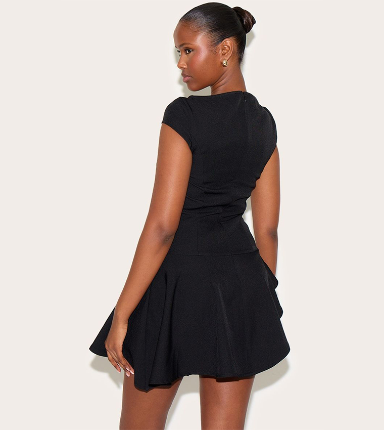 Woven Capped Sleeve Asymmetric Layered Shift Dress