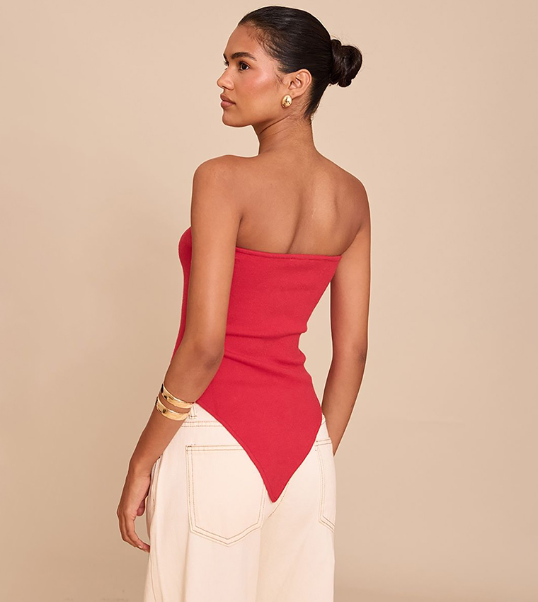 Fine Knit Strapless Asymmetric Hem Top