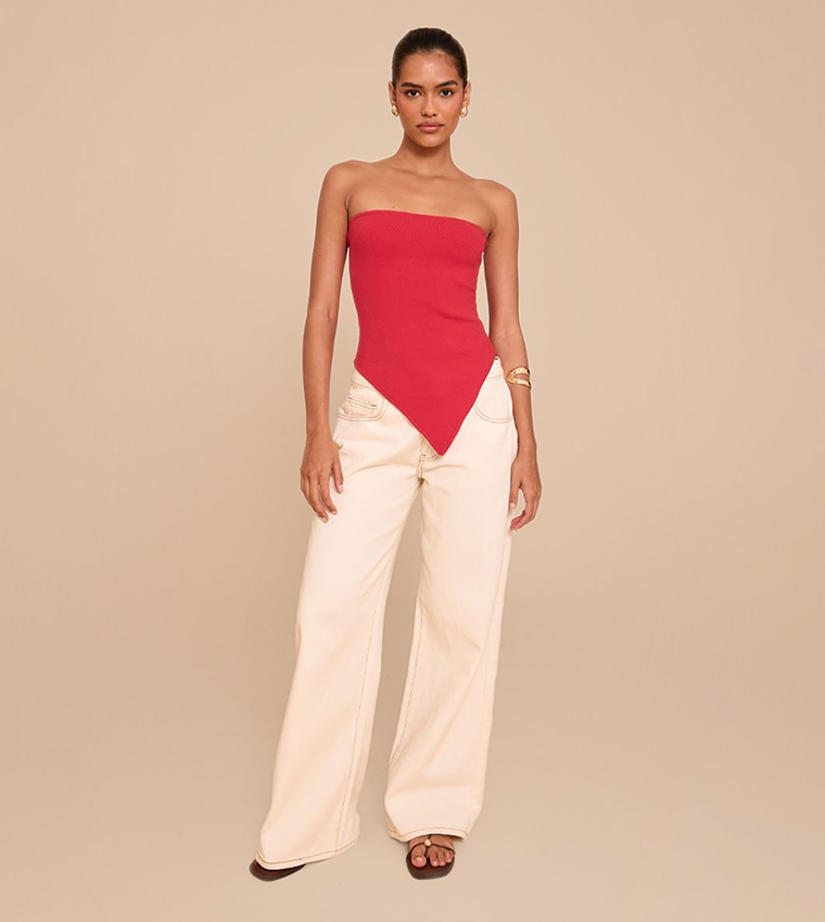 Fine Knit Strapless Asymmetric Hem Top