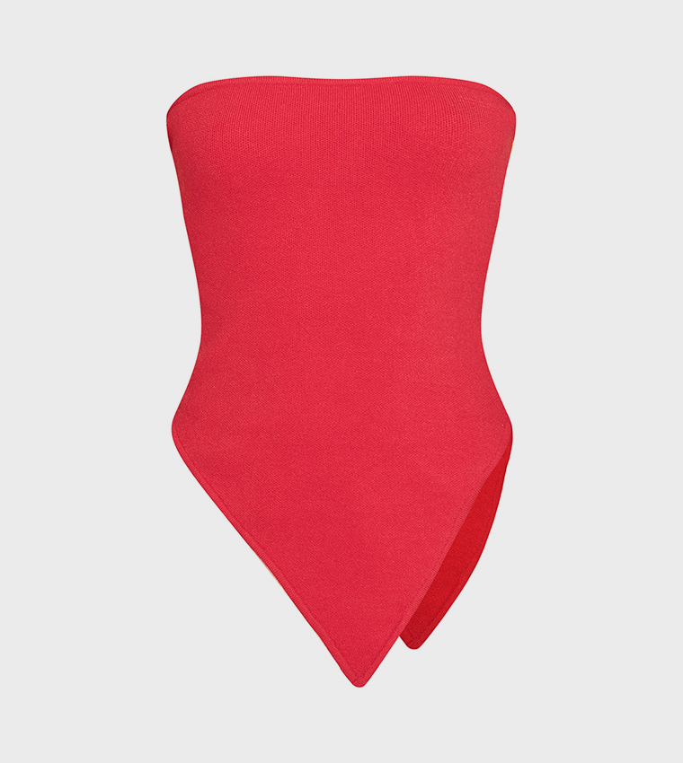 Fine Knit Strapless Asymmetric Hem Top