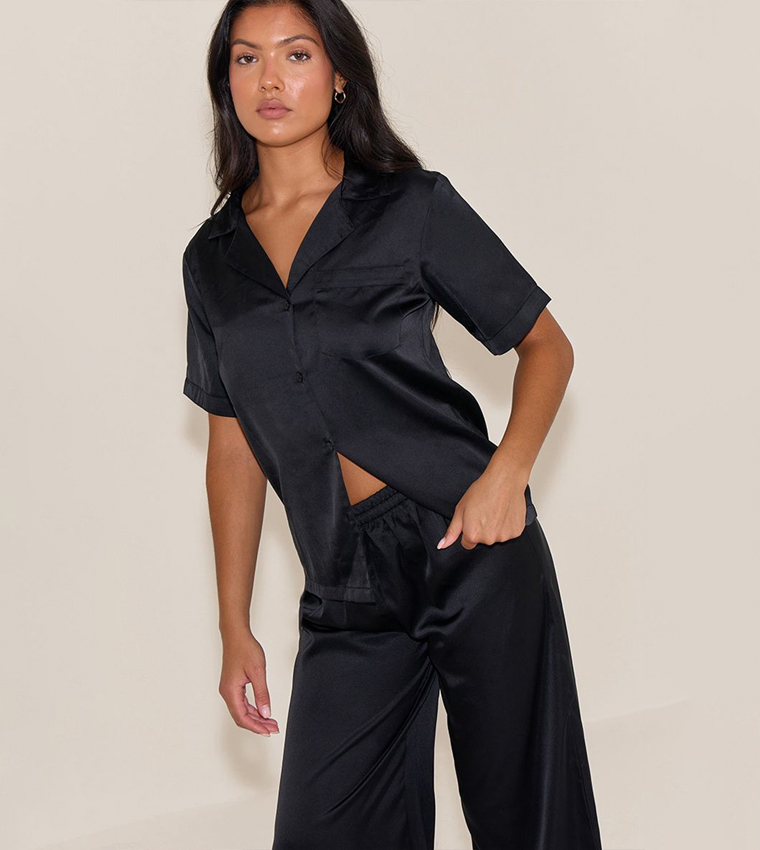 Buy PrettyLittleThing Satin Long Sleeves Pajama Set In Black
