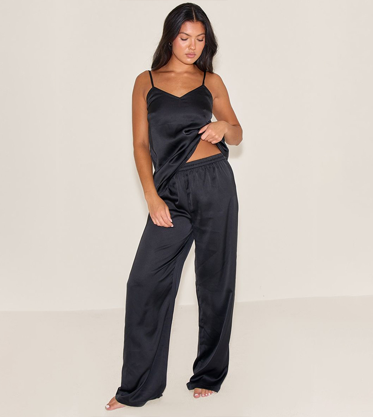 Buy PrettyLittleThing Satin Strappy Pyjama Set In Black