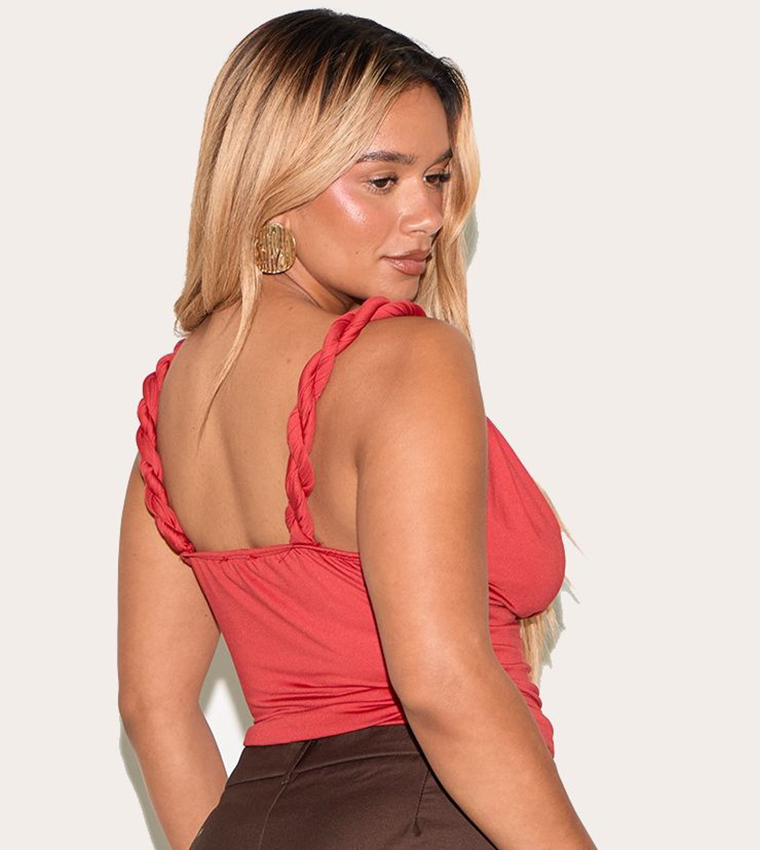 Curve Cowl Neck Twisted Gold Trim Strap Crop Top