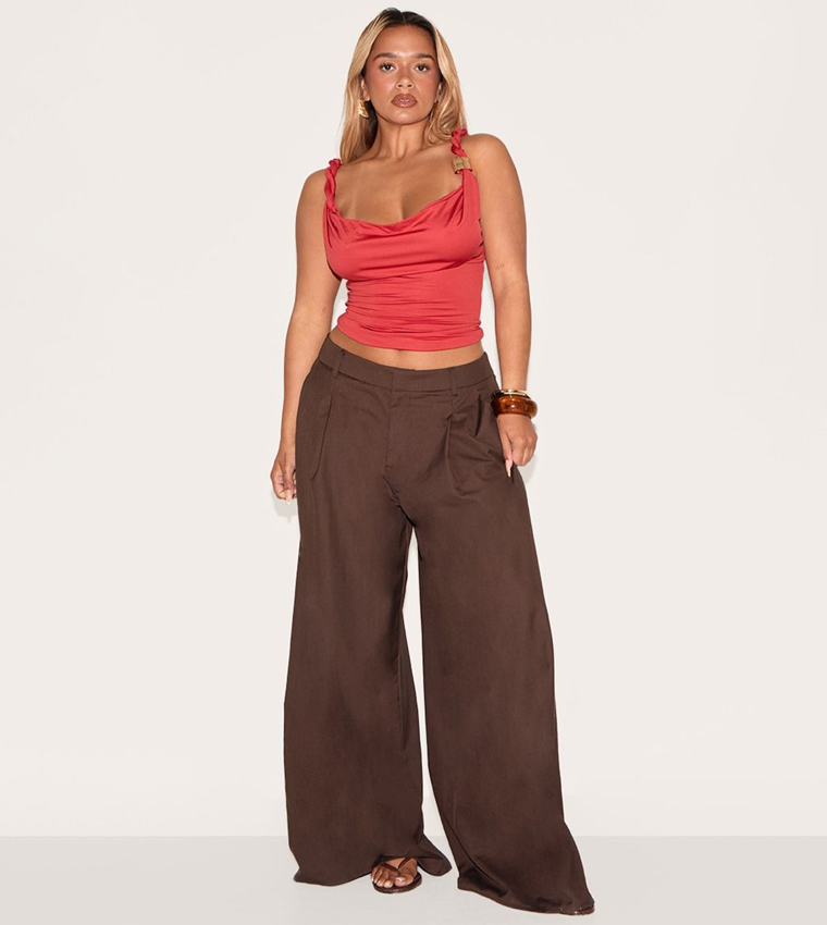 Curve Cowl Neck Twisted Gold Trim Strap Crop Top
