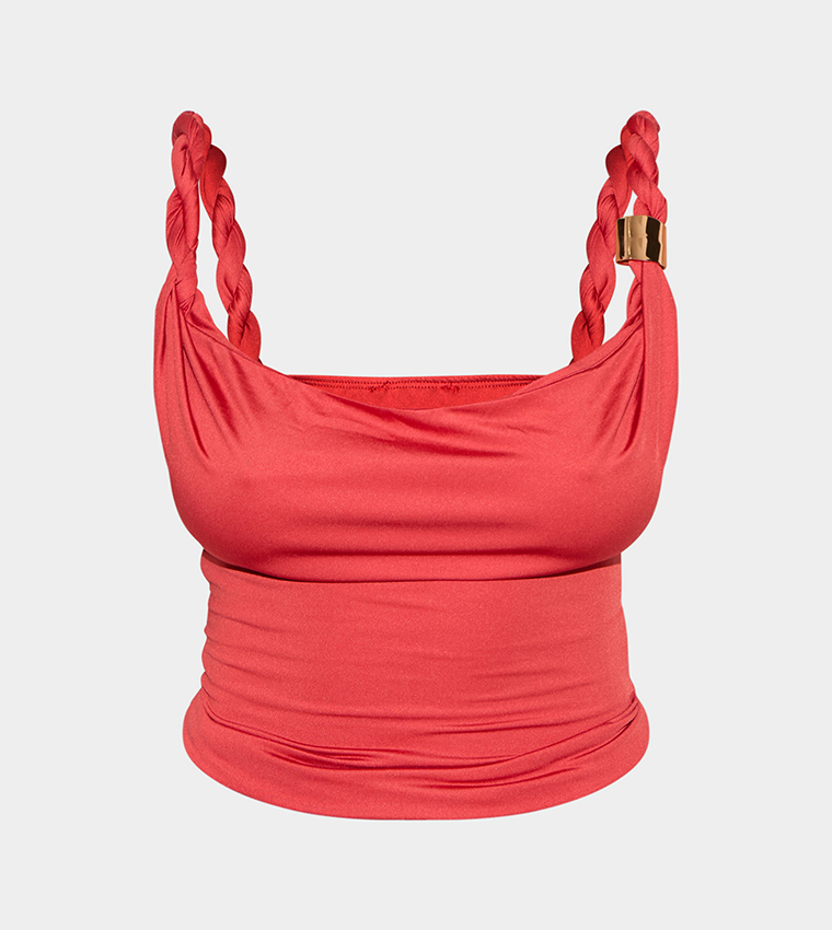 Curve Cowl Neck Twisted Gold Trim Strap Crop Top