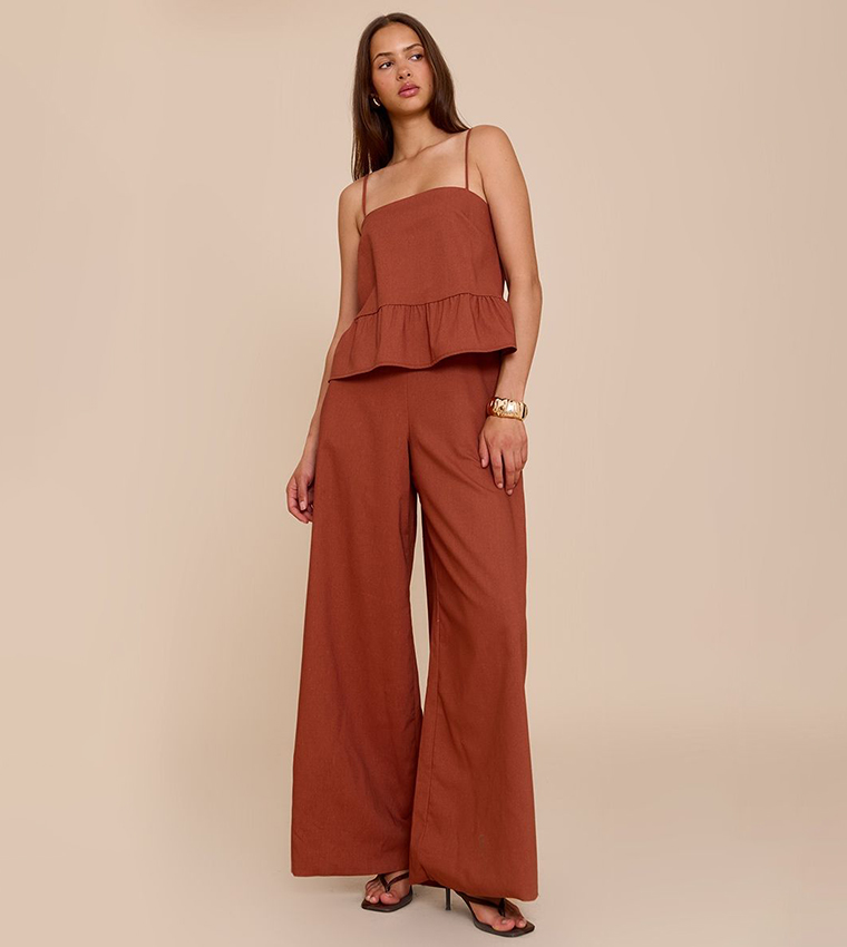 Linen Blend Peplum Detail Overlay Jumpsuit