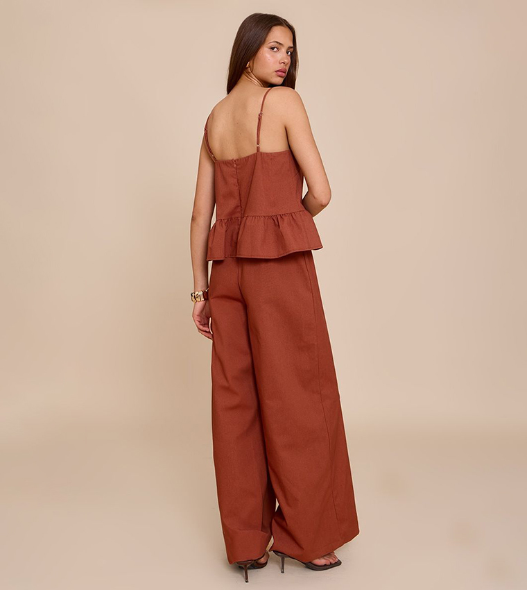 Linen Blend Peplum Detail Overlay Jumpsuit