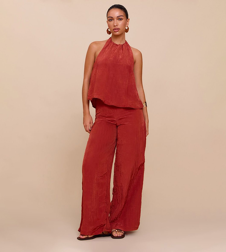 Buy PrettyLittleThing Crinkle Satin Halterneck Overlay Jumpsuit In