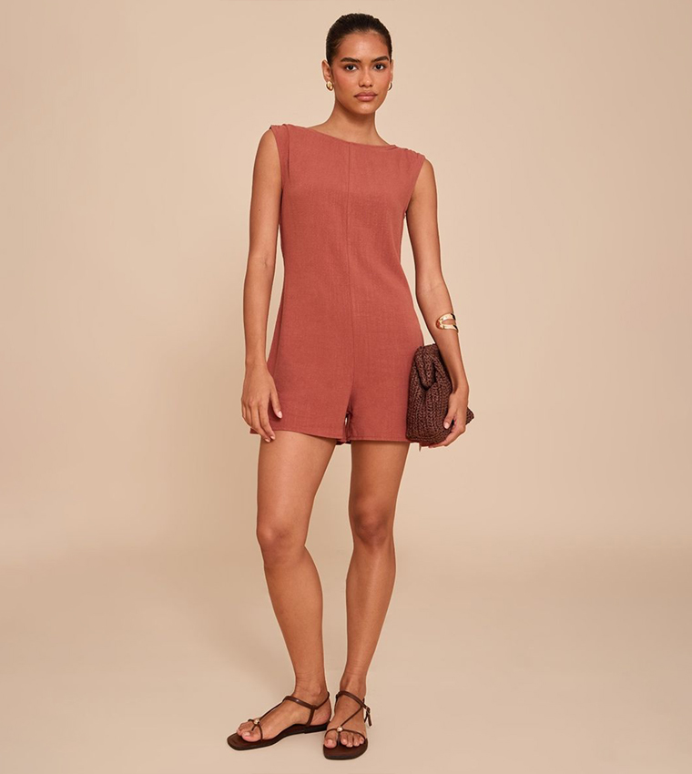 Linen Blend Slouchy Boat Neck Playsuit