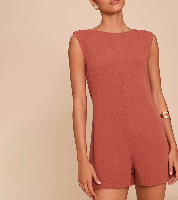 Linen Blend Slouchy Boat Neck Playsuit