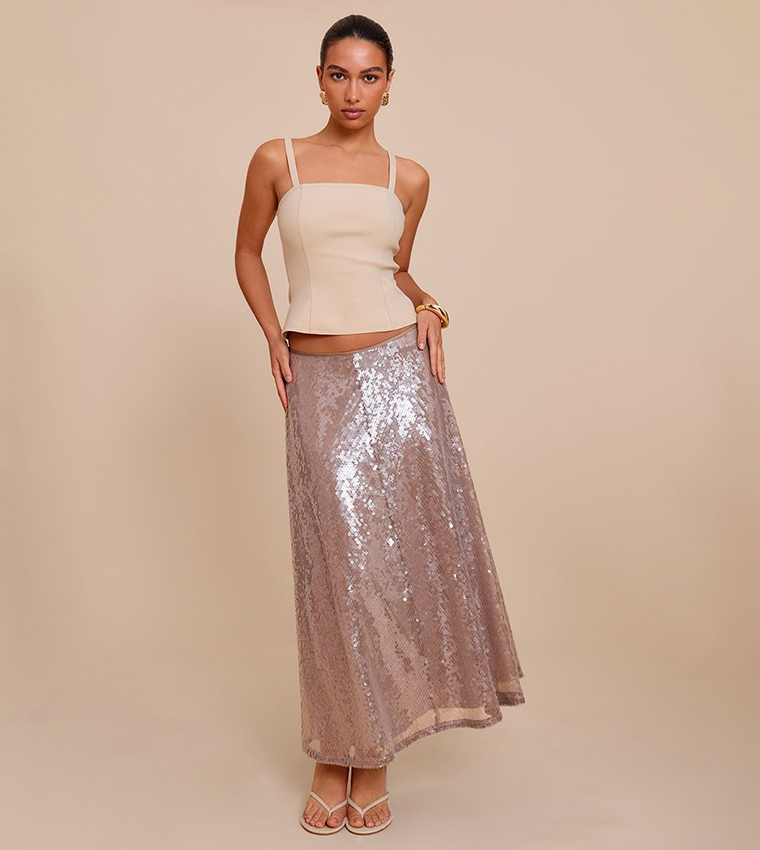 Solid Sequined Low Rise Floaty Midaxi Skirt