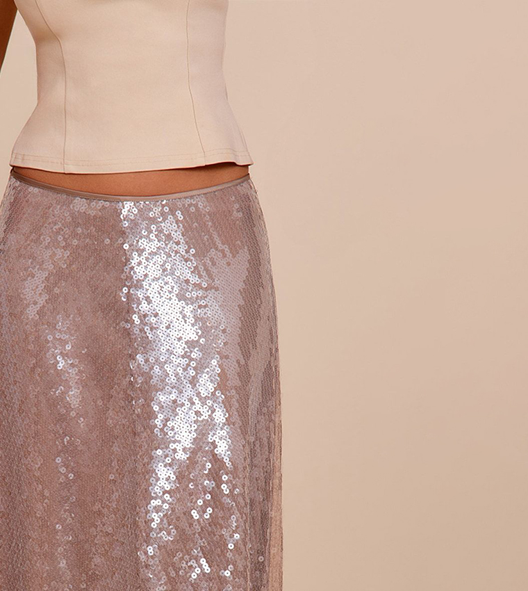 Solid Sequined Low Rise Floaty Midaxi Skirt