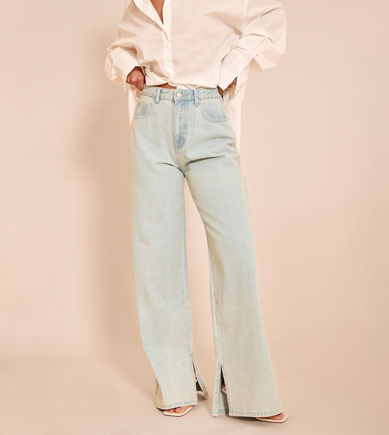 Vintage Wash High Rise Split Hem Boyfriend Fit Jeans