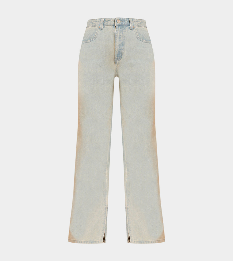 Vintage Wash High Rise Split Hem Boyfriend Fit Jeans