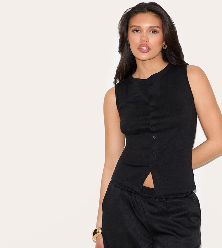 Ribbed Button Down Sleeveless Top