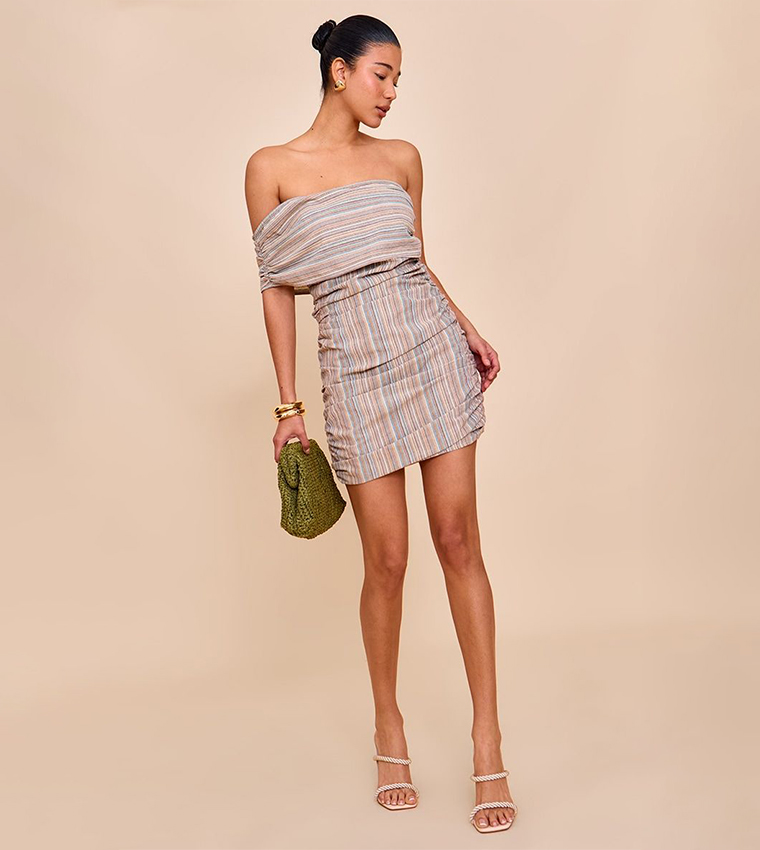 Striped Asymmetric Bardot Bodycon Mini Dress