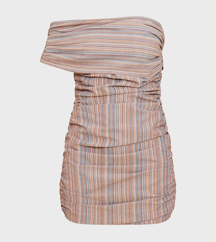 Striped Asymmetric Bardot Bodycon Mini Dress