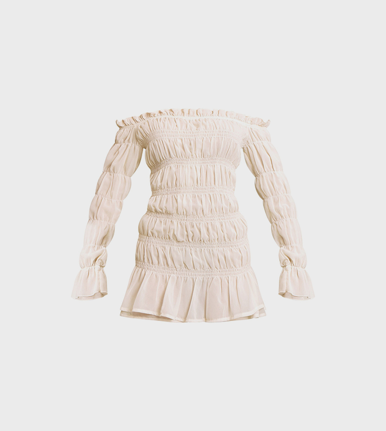 Chiffon Bardot Long Sleeves Ruched Bodycon Mini Dress