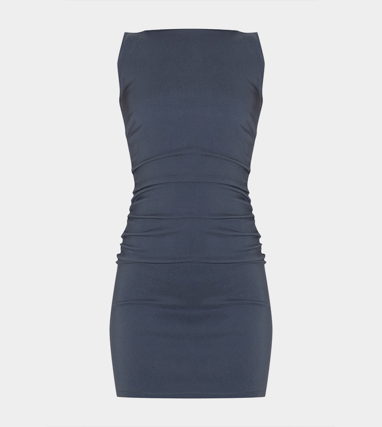 Stretch Woven Boat Neck Ruched Detail Bodycon Dress