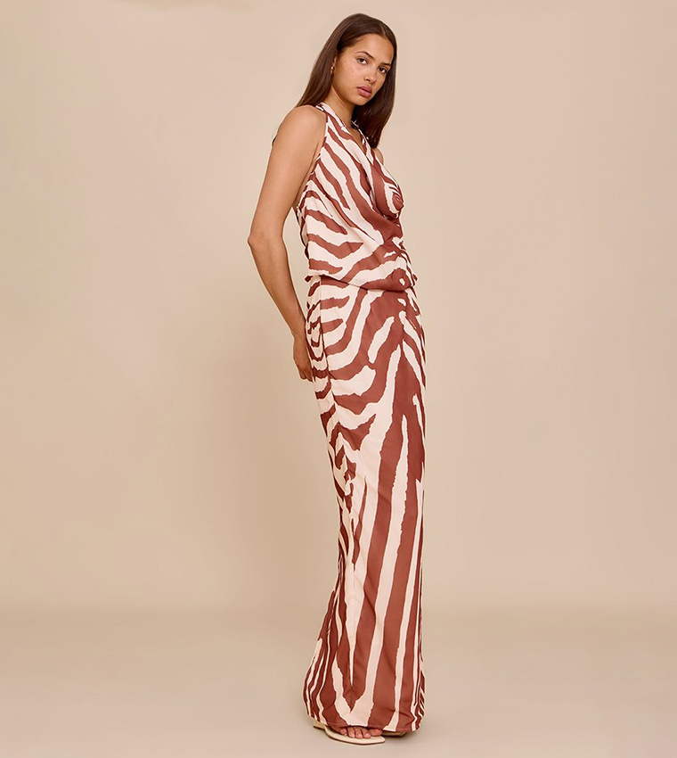 Zebra Abstract Print Chiffon Cowl Neck Maxi Dress