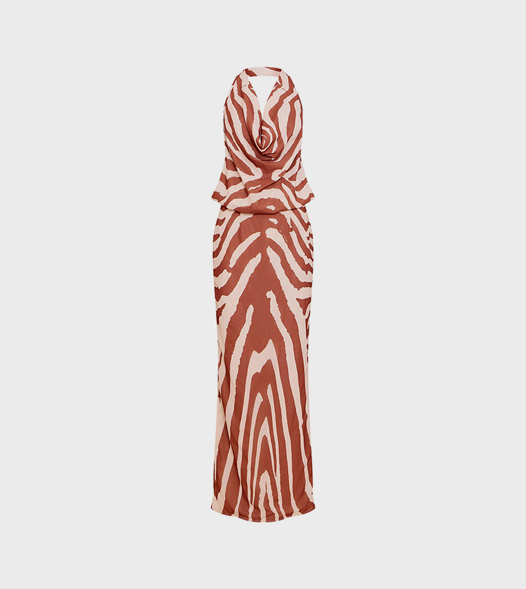 Zebra Abstract Print Chiffon Cowl Neck Maxi Dress