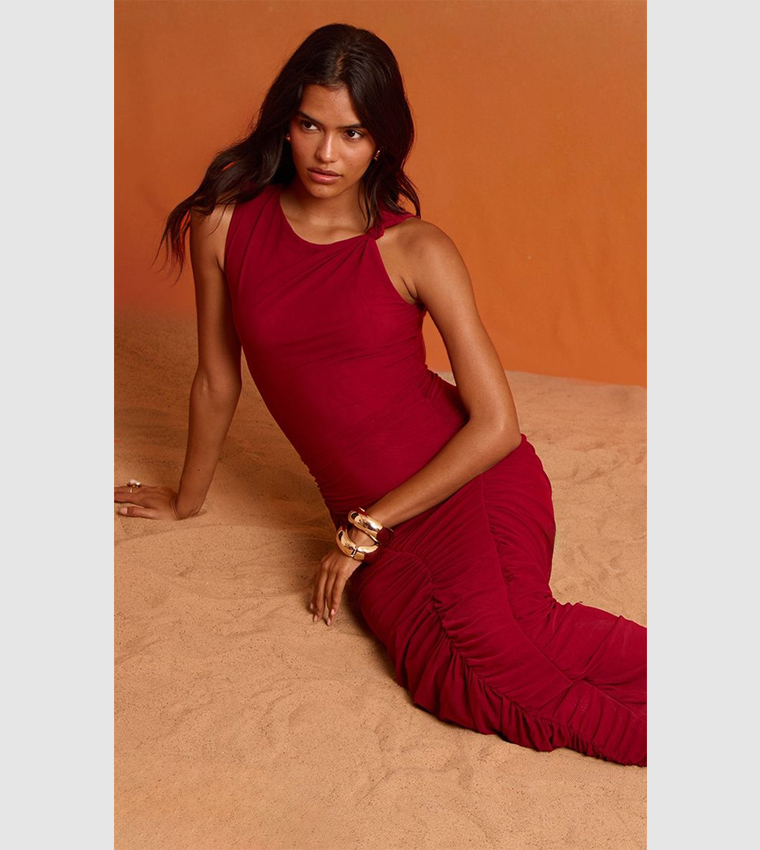 Deep Double Layer Mesh Boat Neck Ruched Maxi Dress