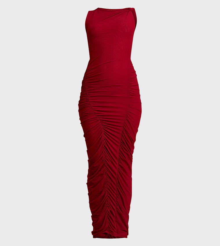 Deep Double Layer Mesh Boat Neck Ruched Maxi Dress