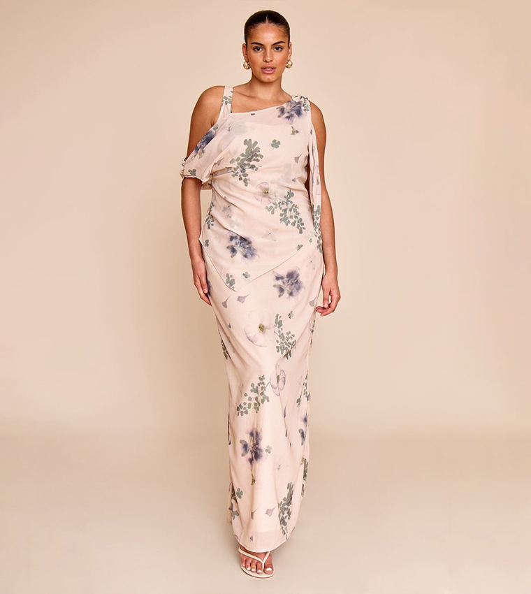 Curve Abstract Printed Chiffon Draped Maxi Dress
