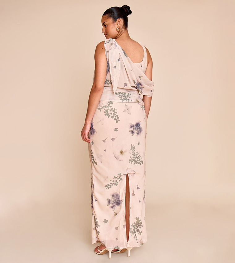 Curve Abstract Printed Chiffon Draped Maxi Dress