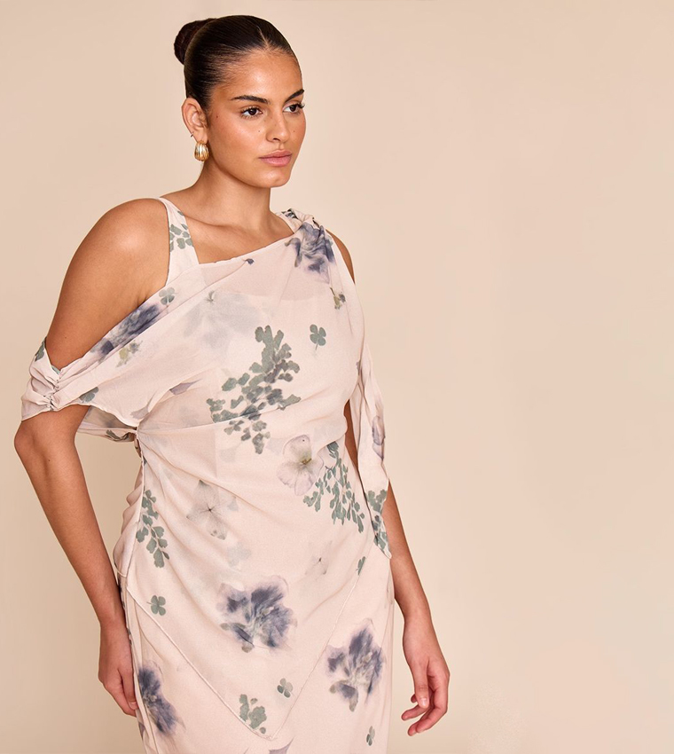 Curve Abstract Printed Chiffon Draped Maxi Dress