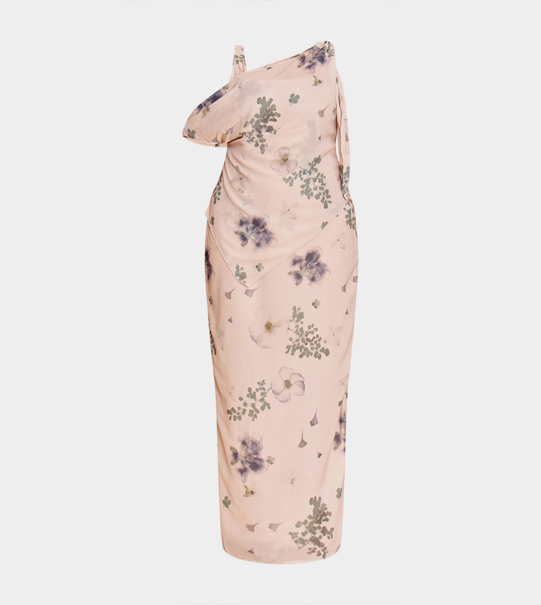 Curve Abstract Printed Chiffon Draped Maxi Dress