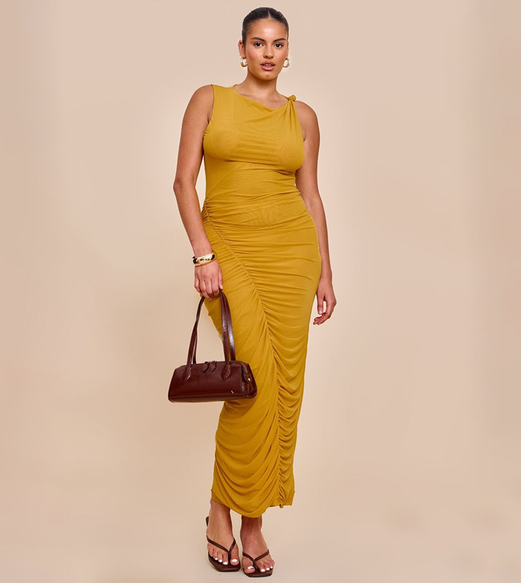 Curve Double Layer Mesh Boat Neck Ruched Maxi Dress