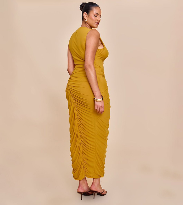 Curve Double Layer Mesh Boat Neck Ruched Maxi Dress