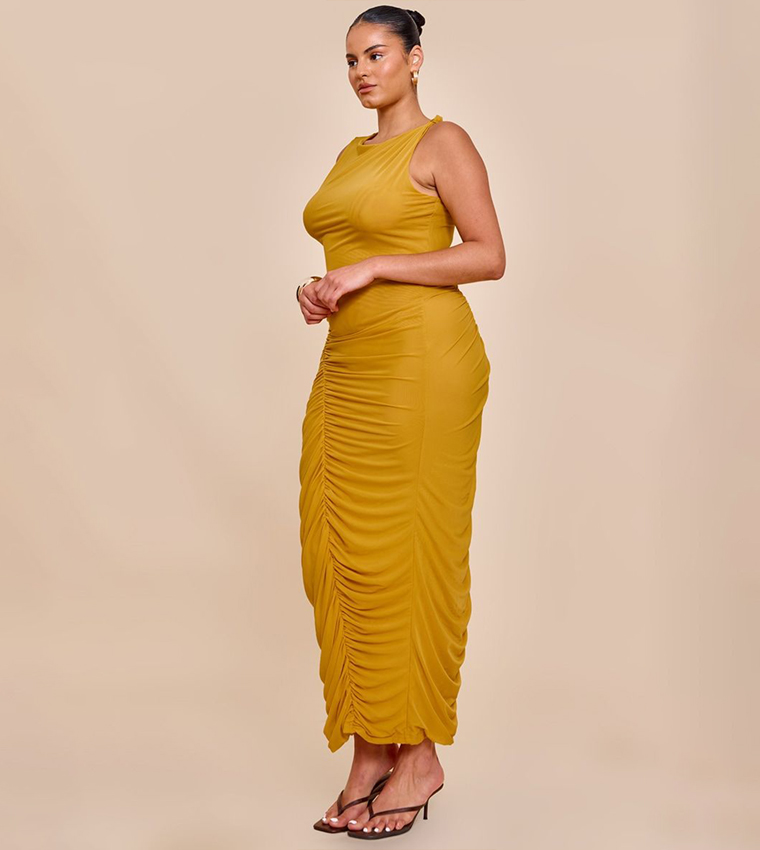 Curve Double Layer Mesh Boat Neck Ruched Maxi Dress