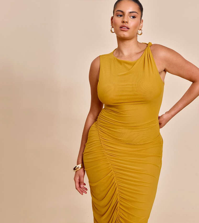 Curve Double Layer Mesh Boat Neck Ruched Maxi Dress