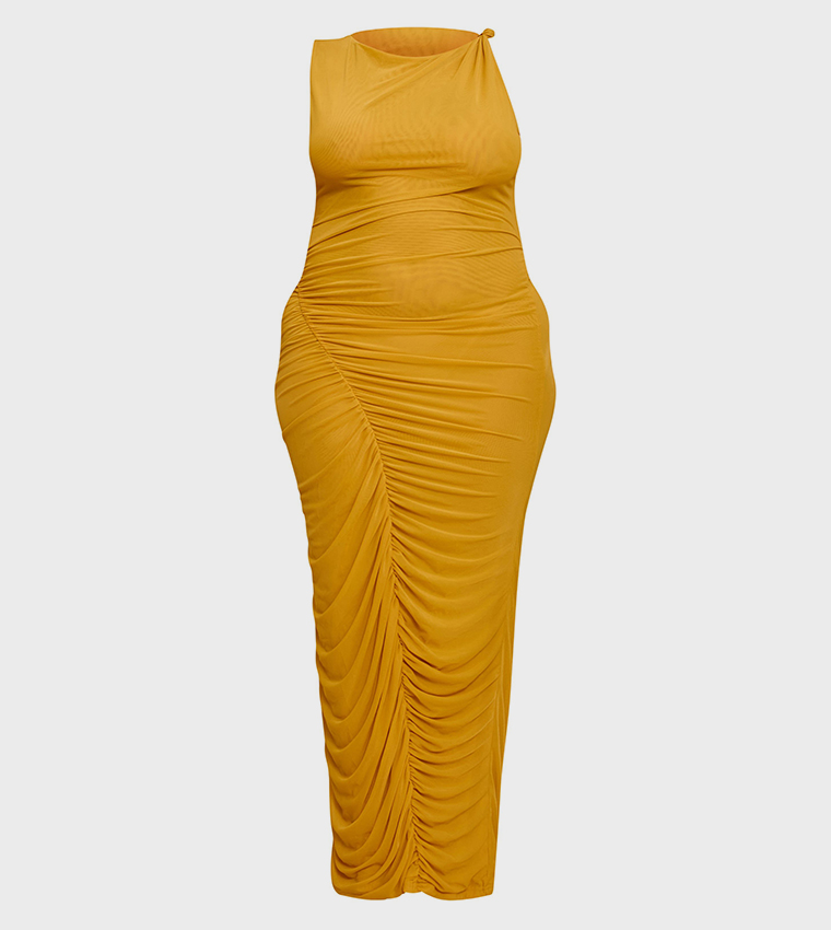 Curve Double Layer Mesh Boat Neck Ruched Maxi Dress