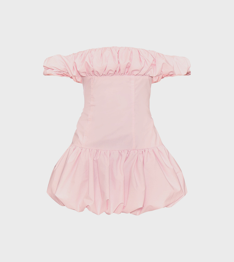Ruched Bardot Puff Hem Bodycon Mini Dress