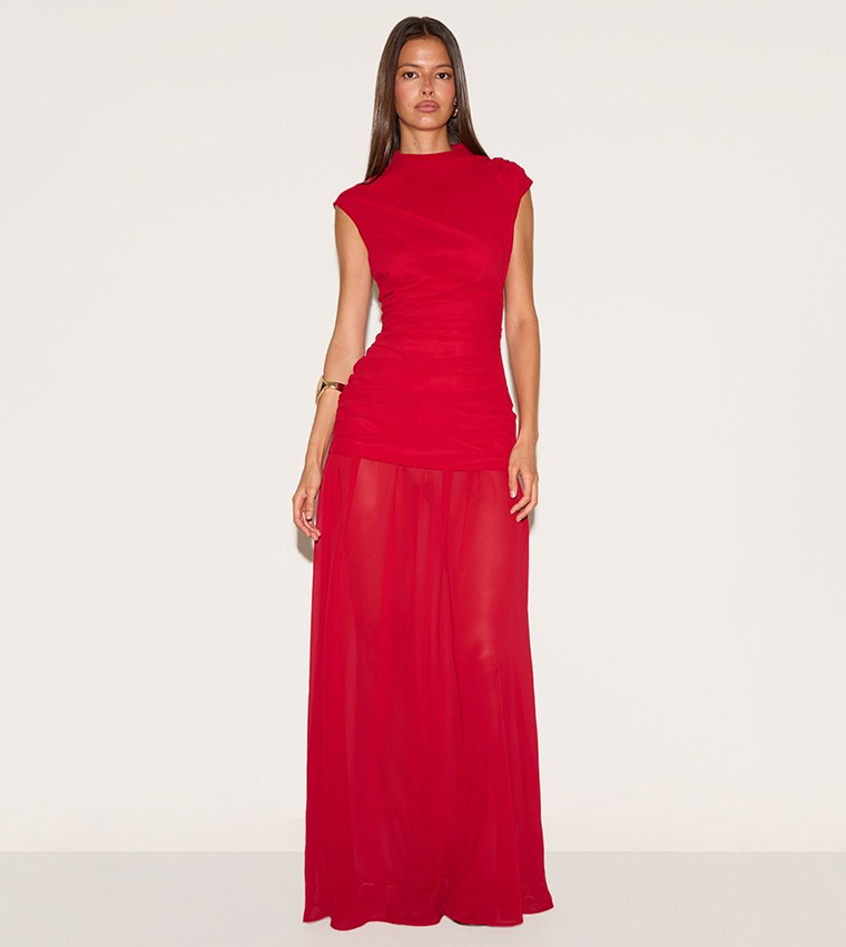 Chiffon Ruched Dropped Waist Sleeveless Maxi Dress